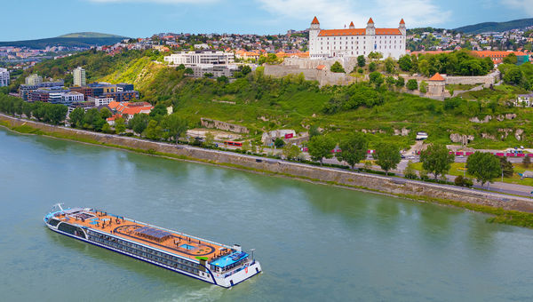 AmaMagna, the flagship of AmaWaterways, cruises past Bratislava, Slovakia.
