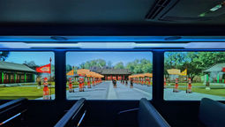 Transparent screens overlay digital scenes onto the live view of Yuanmingyuan Park.