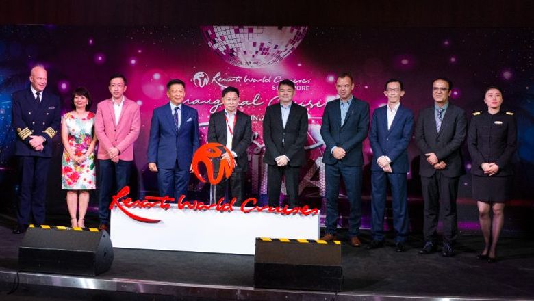 Resorts World Cruises ship and shore management, including [in fourth, fifth and sixth positions from left] Michael Goh, president; Colin Au, CEO and executive director; and Raymond Lim, COO at the Resorts World Cruises launch on the Genting Dream.